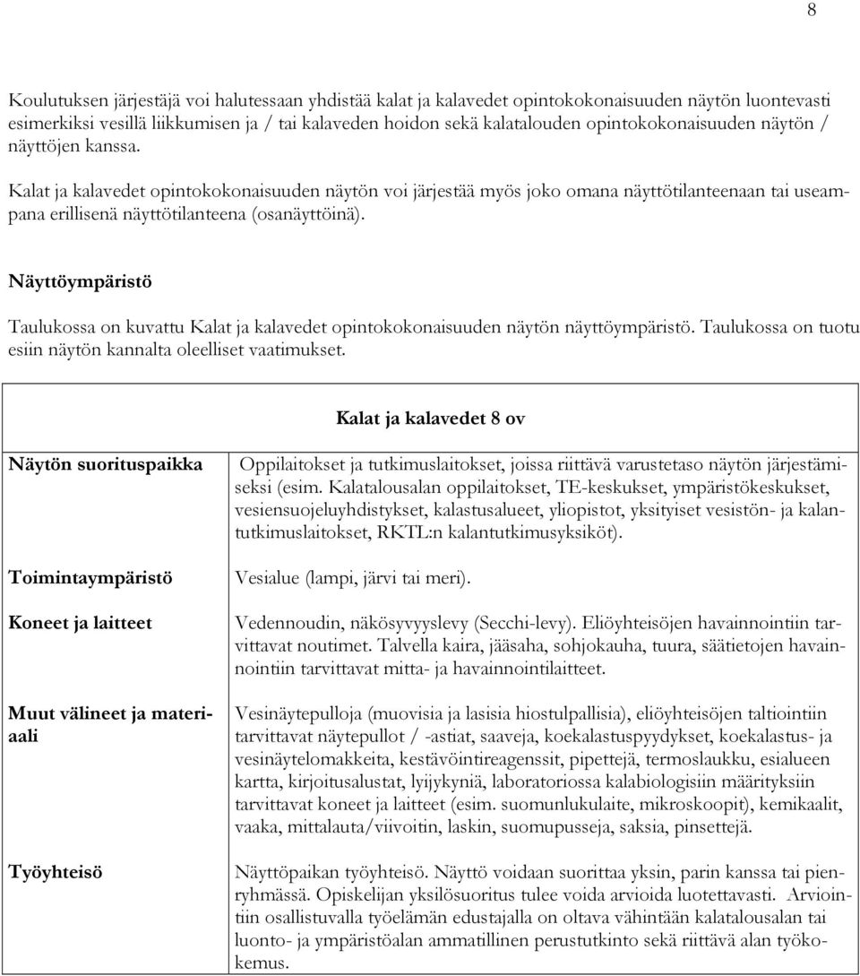 Näyttöympäristö Taulukossa on kuvattu Kalat ja kalavedet opintokokonaisuuden näytön näyttöympäristö. Taulukossa on tuotu esiin näytön kannalta oleelliset vaatimukset.