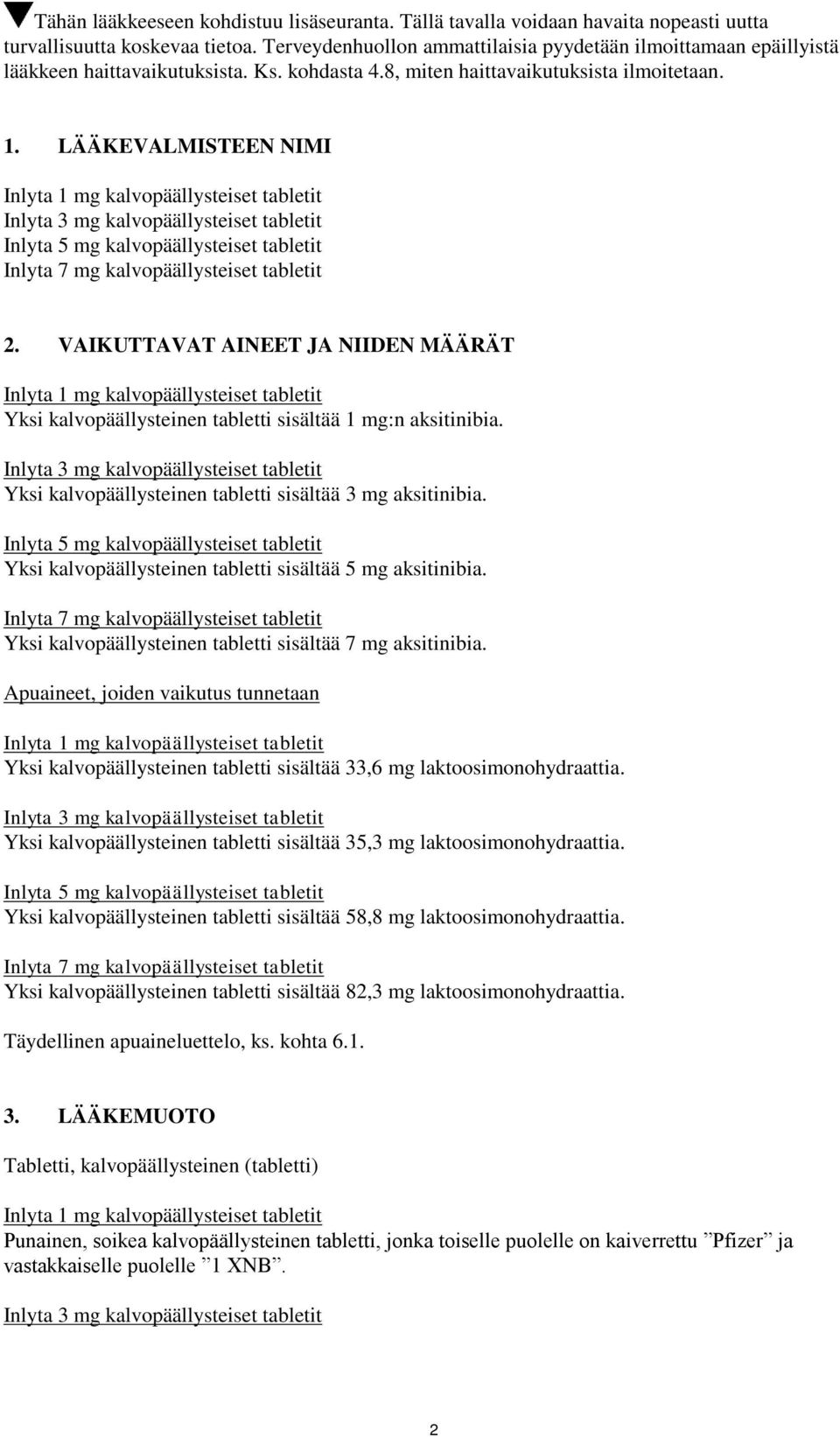 LÄÄKEVALMISTEEN NIMI Inlyta 1 mg kalvopäällysteiset tabletit Inlyta 3 mg kalvopäällysteiset tabletit Inlyta 5 mg kalvopäällysteiset tabletit Inlyta 7 mg kalvopäällysteiset tabletit 2.