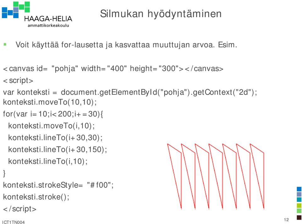 getelementbyid("pohja").getcontext("2d"); konteksti.moveto(10,10); for(var i=10;i<200;i+=30){ konteksti.