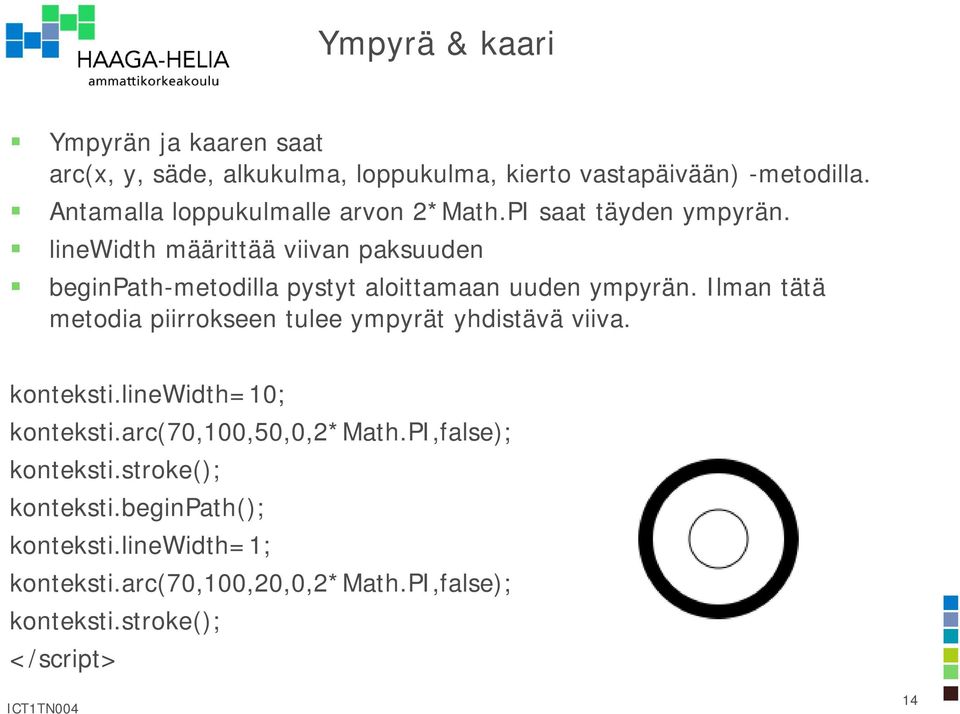 linewidth määrittää viivan paksuuden beginpath-metodilla pystyt aloittamaan uuden ympyrän.