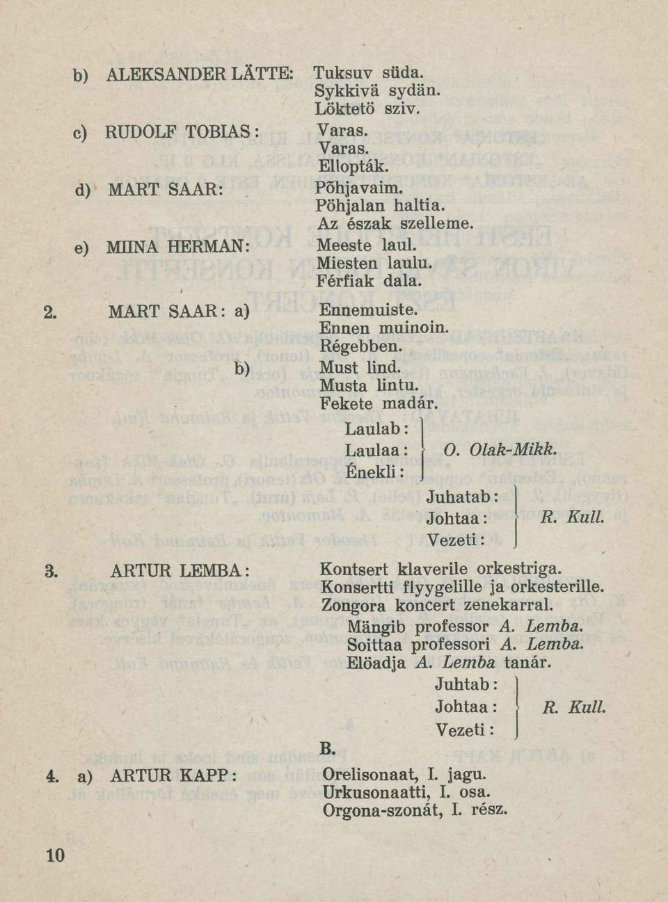 Laulab: Laulaa: Énekli: 0. Olak-Mikk. Juhatab: Johtaa: Vezeti: R. Kuli Kontsert klaverile orkestriga. Konsertti flyygelille ja orkesterille. Zongora koncert zenekarral.