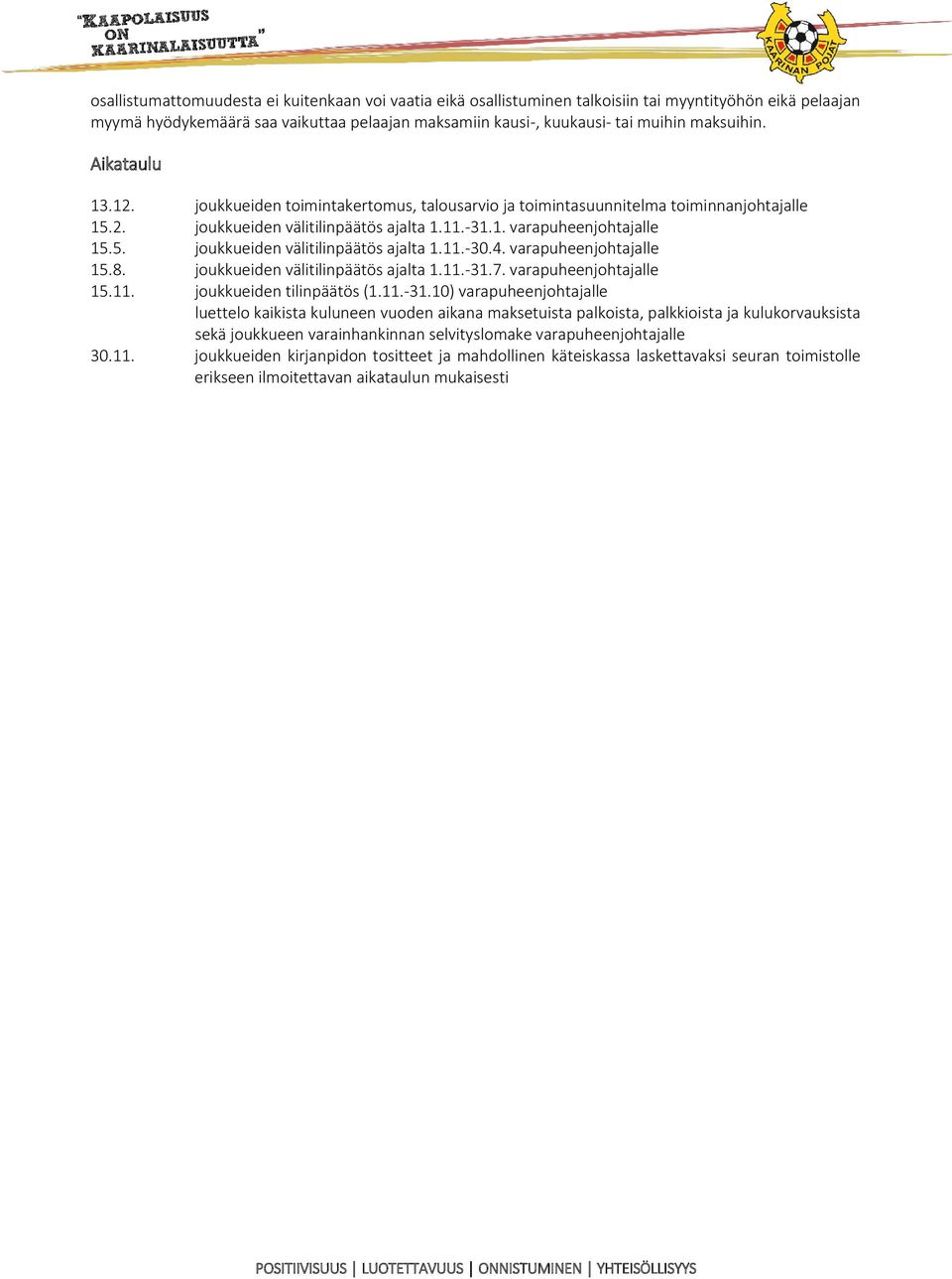 4. varapuheenjohtajalle 15.8. joukkueiden välitilinpäätös ajalta 1.11.-31.