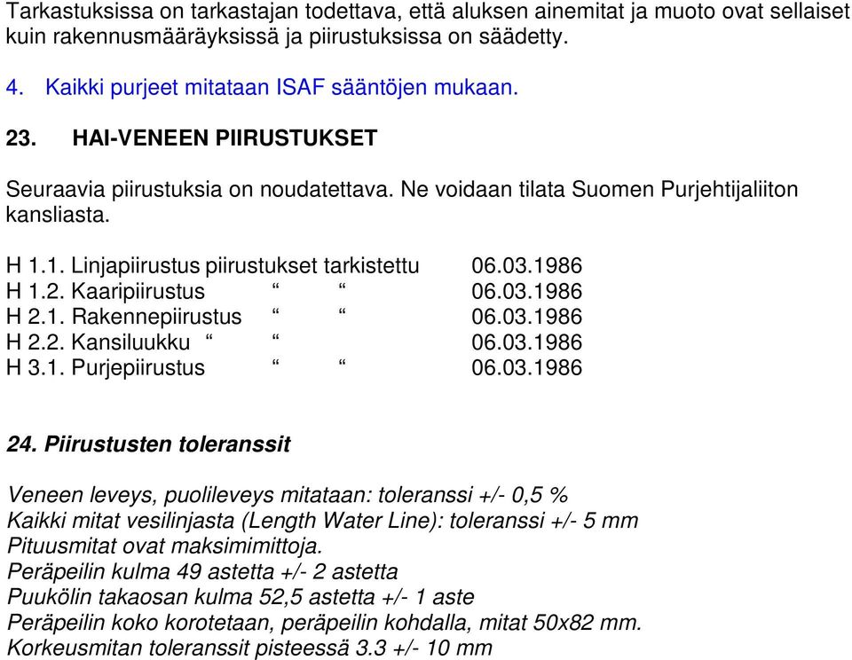 Kaaripiirustus 06.03.1986 H 2.1. Rakennepiirustus 06.03.1986 H 2.2. Kansiluukku 06.03.1986 H 3.1. Purjepiirustus 06.03.1986 24.