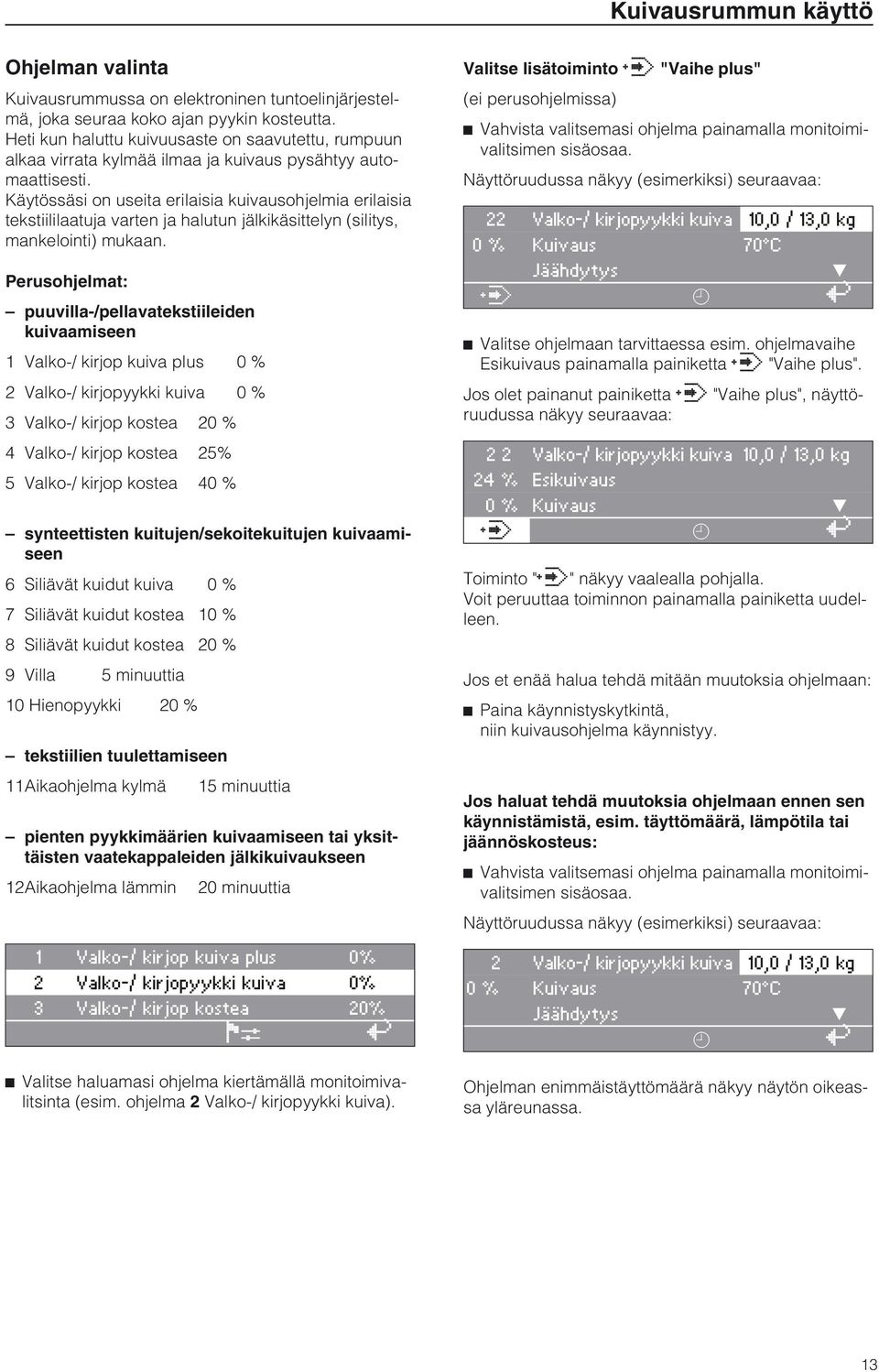 Käytössäsi on useita erilaisia kuivausohjelmia erilaisia tekstiililaatuja varten ja halutun jälkikäsittelyn (silitys, mankelointi) mukaan.