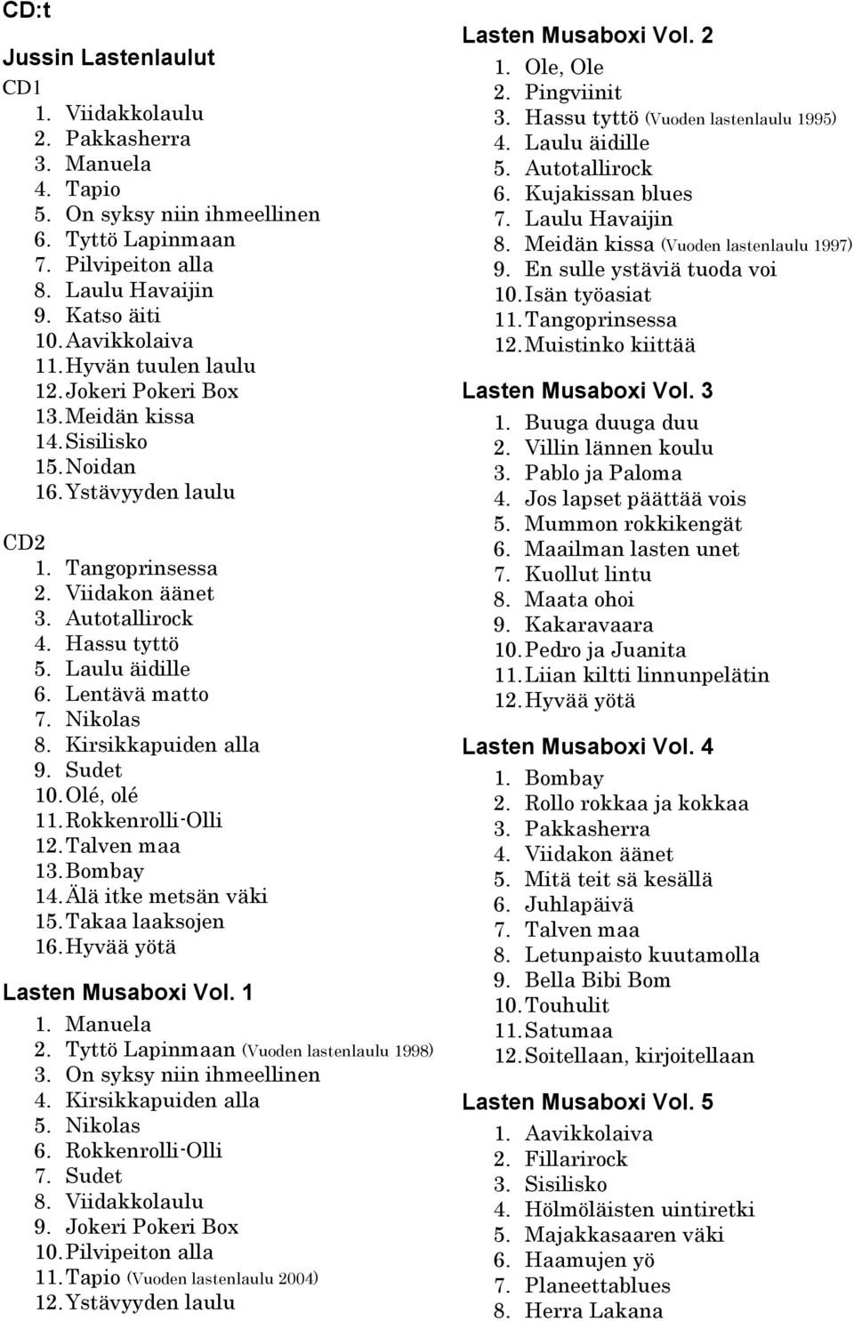 Laulu äidille 6. Lentävä matto 7. Nikolas 8. Kirsikkapuiden alla 9. Sudet 10. Olé, olé 11. Rokkenrolli-Olli 12. Talven maa 13. Bombay 14. Älä itke metsän väki 15. Takaa laaksojen 16.