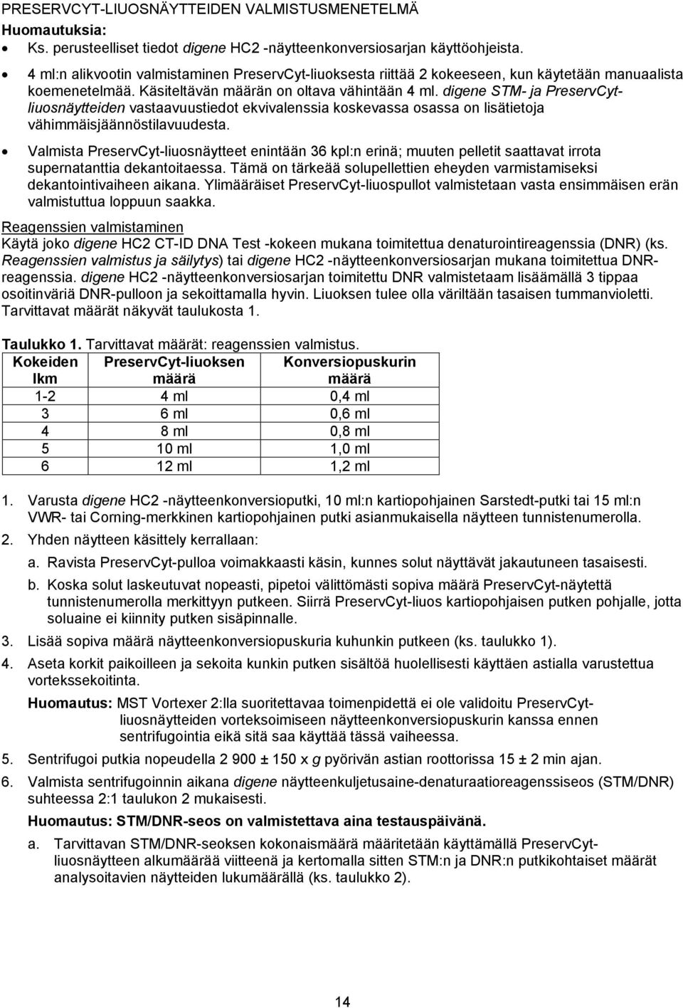 digene STM- ja PreservCytliuosnäytteiden vastaavuustiedot ekvivalenssia koskevassa osassa on lisätietoja vähimmäisjäännöstilavuudesta.