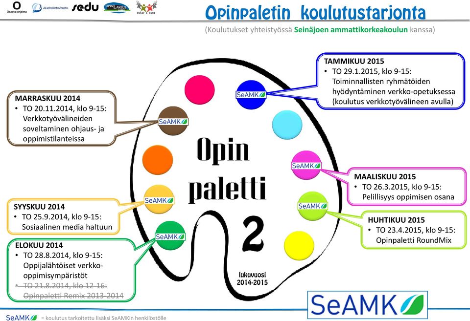 9.2014, kl 9 15: Ssiaalinen media haltuun ELOKUU 2014 TO 28.8.2014, kl 9 15: Oppijalähtöiset verkkppimisympäristöt TO 21.8.2014, kl 12 16: Opinpaletti Remix 2013 2014 lukuvusi 2014-2015 MAALISKUU 2015 TO 26.