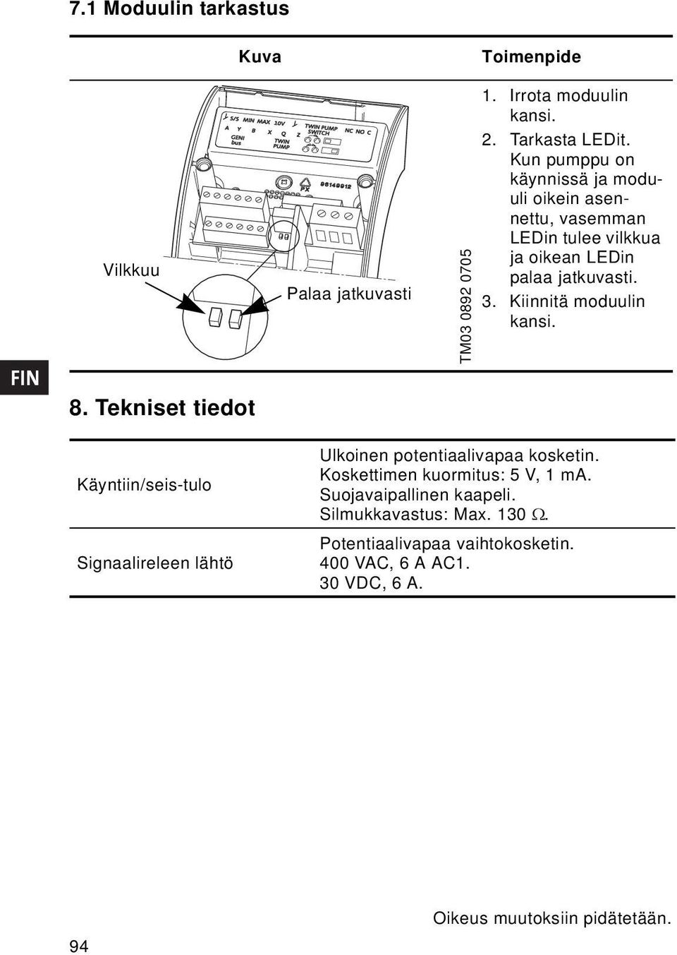 Kiinnitä moduulin kansi. Käyntiin/seis-tulo Signaalireleen lähtö Ulkoinen potentiaalivapaa kosketin. Koskettimen kuormitus: 5 V, 1 ma.