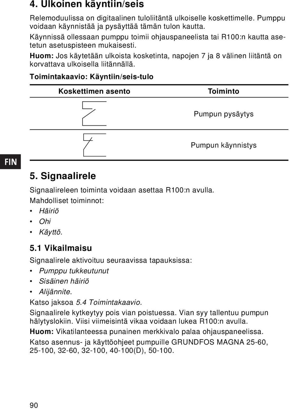 Huom: Jos käytetään ulkoista kosketinta, napojen 7 ja 8 välinen liitäntä on korvattava ulkoisella liitännällä.