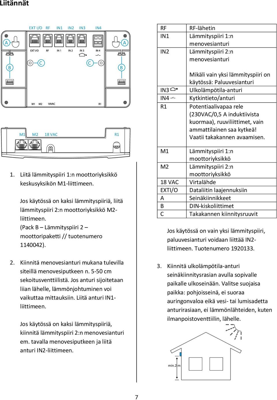 Vaatii takakannen avaamisen. 1. Liitä lämmityspiiri 1:n moottoriyksikkö keskusyksikön M1-liittimeen. Jos käytössä on kaksi lämmityspiiriä, liitä lämmityspiiri 2:n moottoriyksikkö M2- liittimeen.