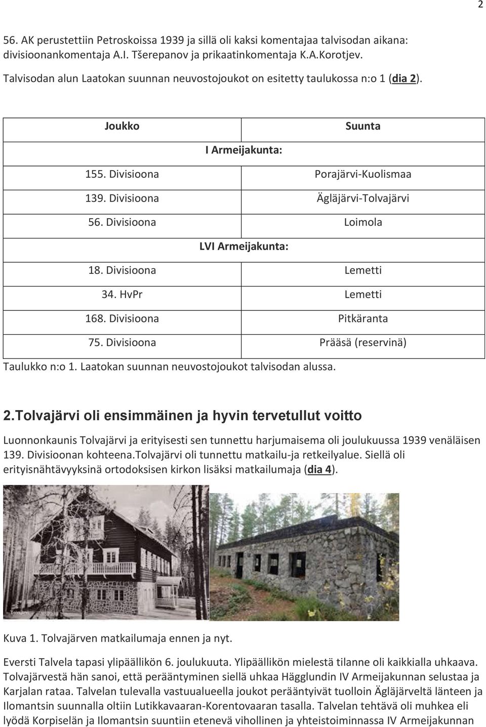 Divisioona Loimola LVI Armeijakunta: 18. Divisioona Lemetti 34. HvPr Lemetti 168. Divisioona Pitkäranta 75. Divisioona Prääsä (reservinä) Taulukko n:o 1.