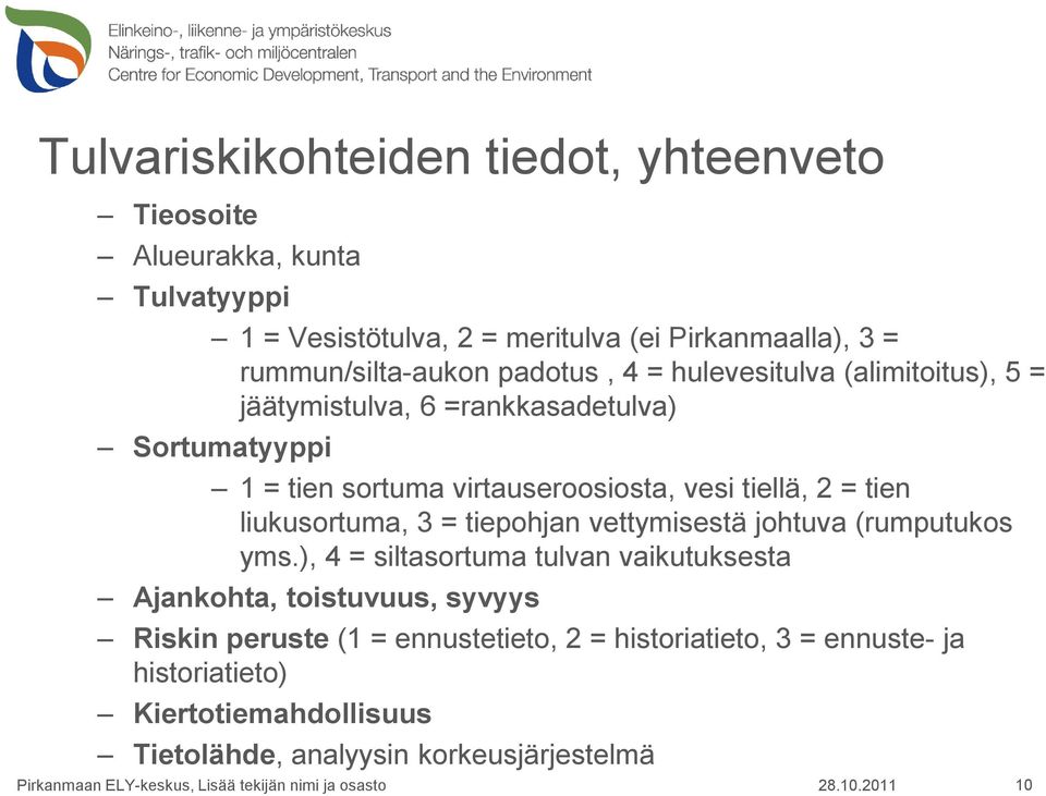 vesi tiellä, 2 = tien liukusortuma, 3 = tiepohjan vettymisestä johtuva (rumputukos yms.