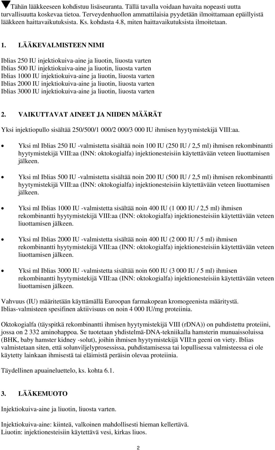 LÄÄKEVALMISTEEN NIMI Iblias 250 IU injektiokuiva-aine ja liuotin, liuosta varten Iblias 500 IU injektiokuiva-aine ja liuotin, liuosta varten Iblias 1000 IU injektiokuiva-aine ja liuotin, liuosta