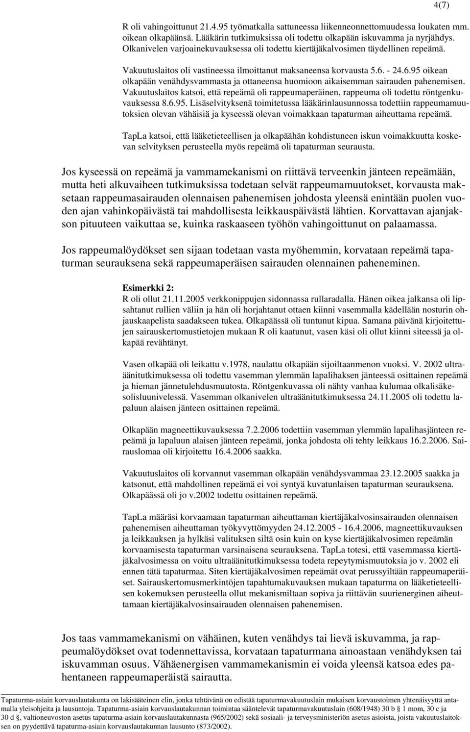 - 24.6.95 oikean olkapään venähdysvammasta ja ottaneensa huomioon aikaisemman sairauden pahenemisen.