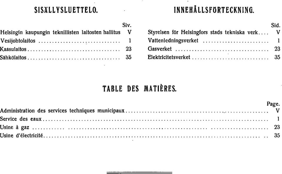 ... V Vattenledningsverket 0 Gasverket... 0 0 1 0 0 0 0 23 Elektrlcitetsverket............................ 35 TABLE DES MATIERES.