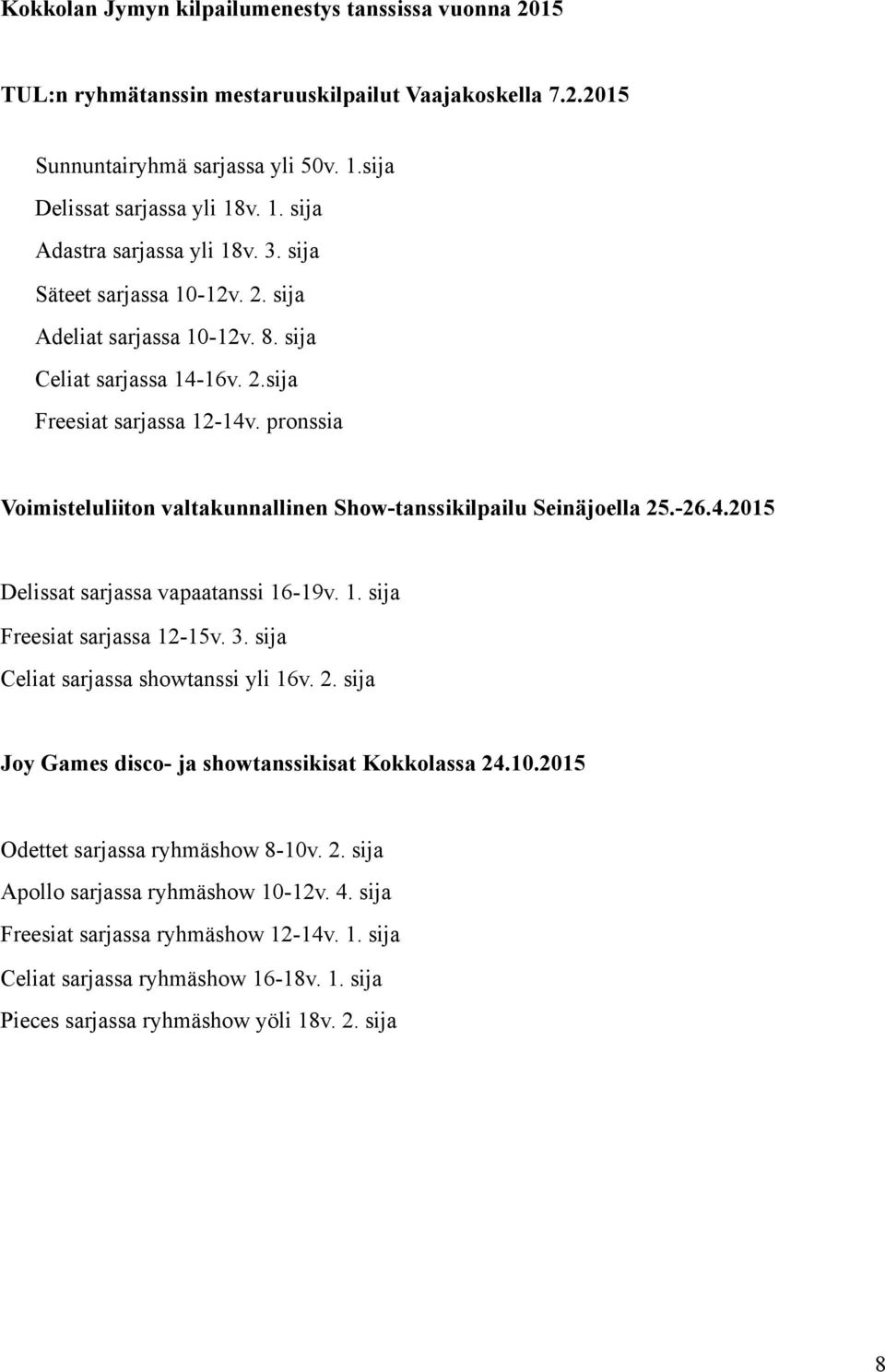 pronssia Voimisteluliiton valtakunnallinen Show-tanssikilpailu Seinäjoella 25.-26.4.2015 Delissat sarjassa vapaatanssi 16-19v. 1. sija Freesiat sarjassa 12-15v. 3.