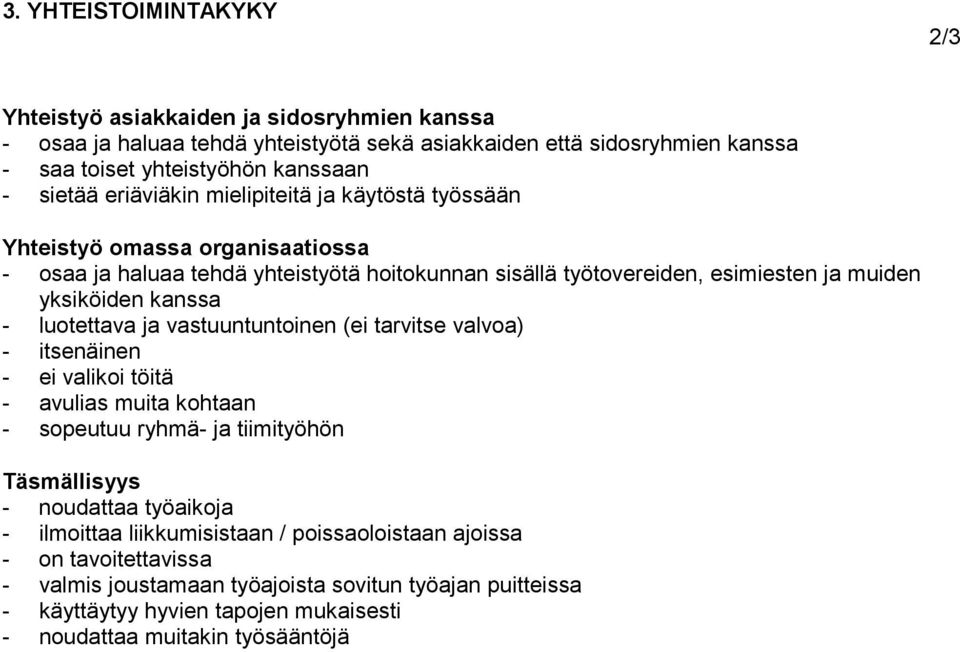 kanssa - luotettava ja vastuuntuntoinen (ei tarvitse valvoa) - itsenäinen - ei valikoi töitä - avulias muita kohtaan - sopeutuu ryhmä- ja tiimityöhön Täsmällisyys - noudattaa työaikoja -