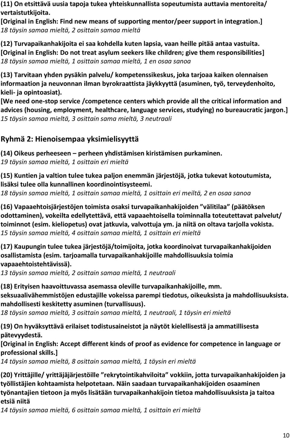 [Original in English: Do not treat asylum seekers like children; give them responsibilities] 18 täysin samaa mieltä, 1 osittain samaa mieltä, 1 en osaa sanoa (13) Tarvitaan yhden pysäkin palvelu/