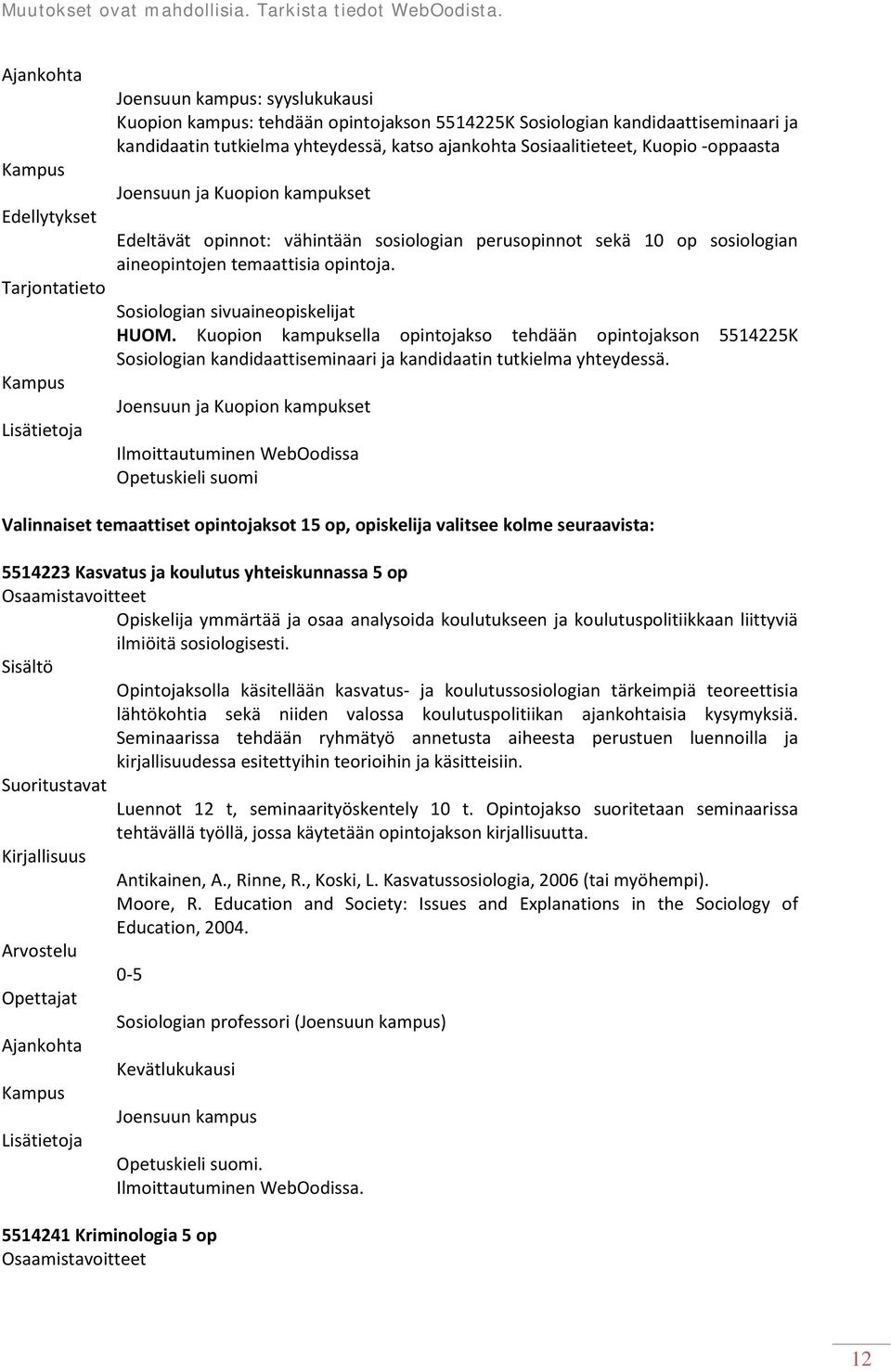 Kuopion kampuksella opintojakso tehdään opintojakson 5514225K Sosiologian kandidaattiseminaari ja kandidaatin tutkielma yhteydessä.