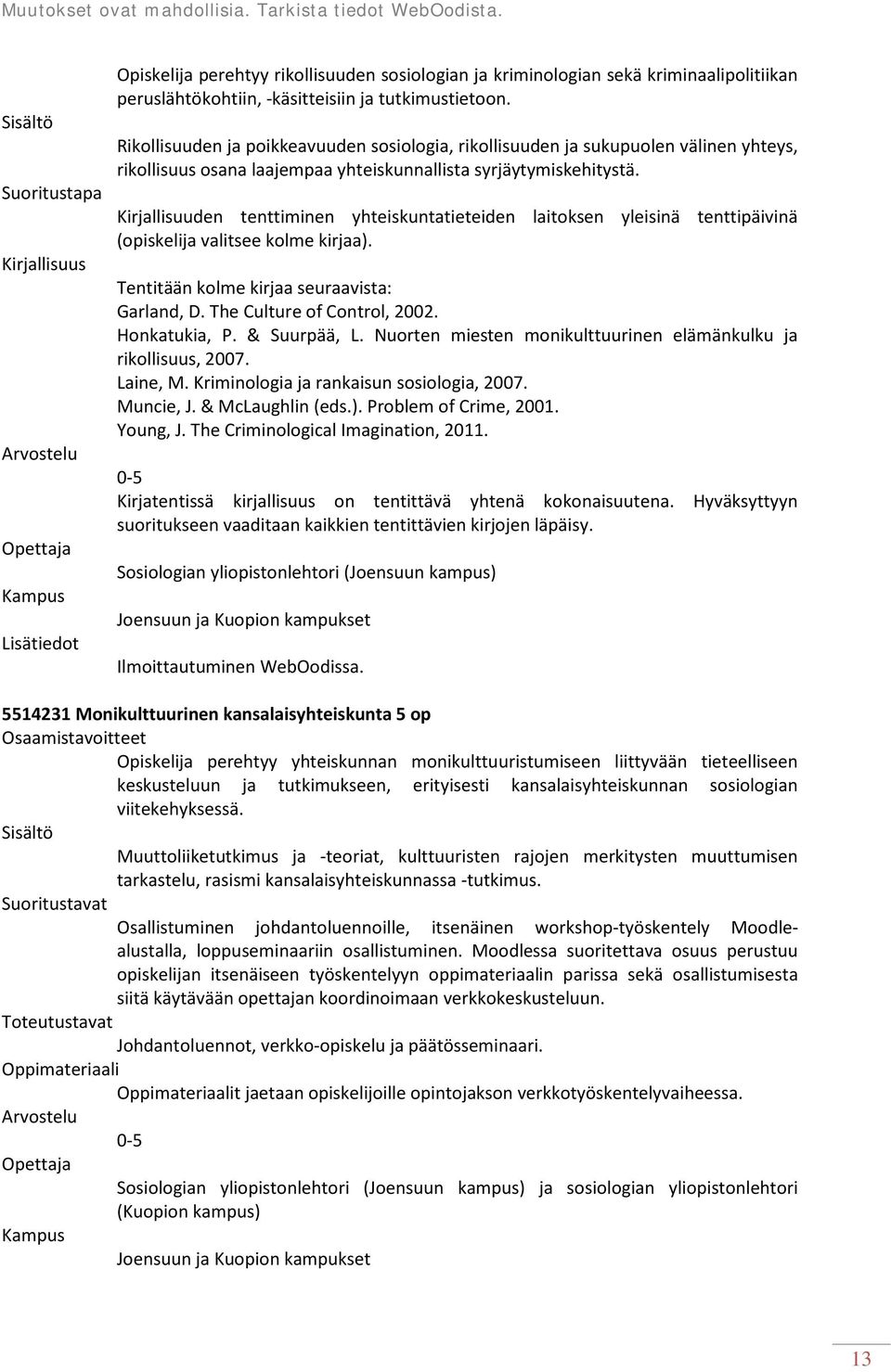 Kirjallisuuden tenttiminen yhteiskuntatieteiden laitoksen yleisinä tenttipäivinä (opiskelija valitsee kolme kirjaa). Tentitään kolme kirjaa seuraavista: Garland, D. The Culture of Control, 2002.