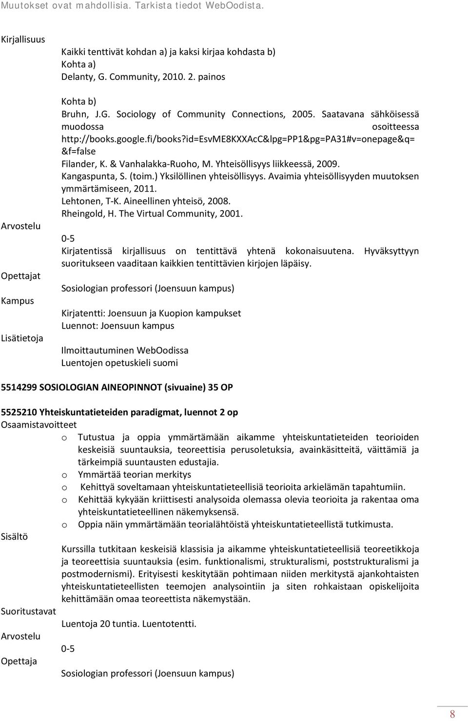 Kangaspunta, S. (toim.) Yksilöllinen yhteisöllisyys. Avaimia yhteisöllisyyden muutoksen ymmärtämiseen, 2011. Lehtonen, T-K. Aineellinen yhteisö, 2008. Rheingold, H. The Virtual Community, 2001.