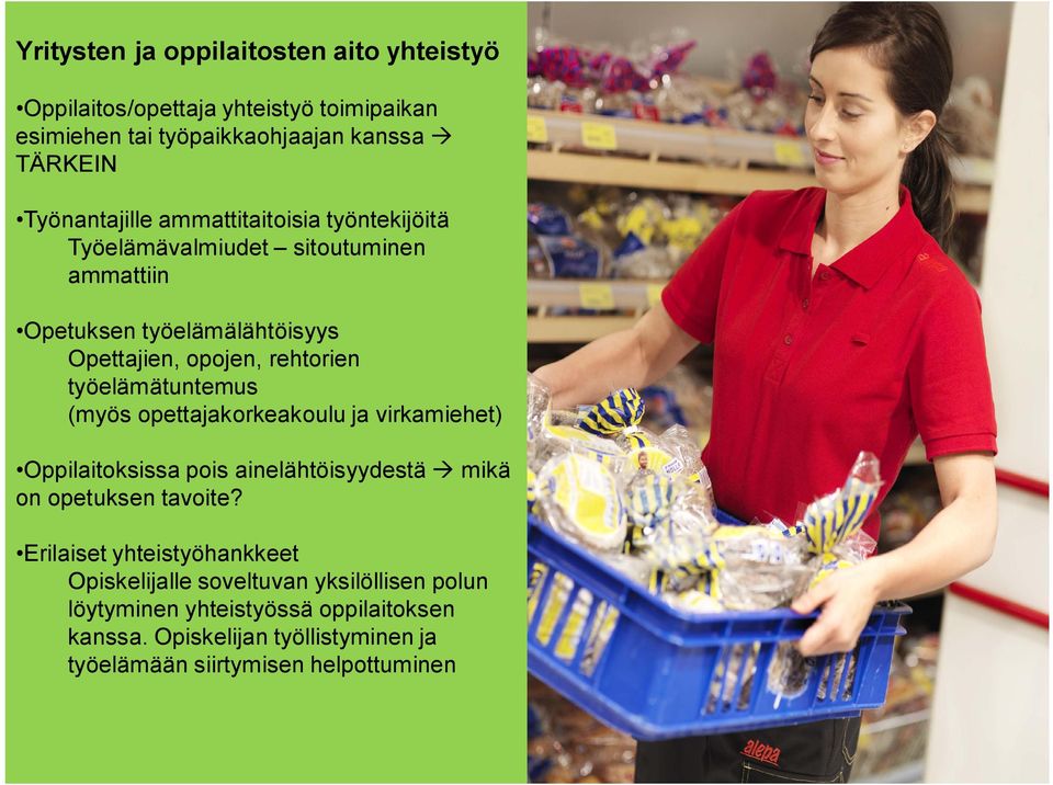 työelämätuntemus (myös opettajakorkeakoulu ja virkamiehet) Oppilaitoksissa pois ainelähtöisyydestä mikä on opetuksen tavoite?