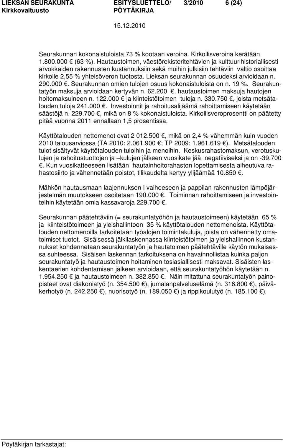 Lieksan seurakunnan osuudeksi arvioidaan n. 290.000. Seurakunnan omien tulojen osuus kokonaistuloista on n. 19 %. Seurakuntatyön maksuja arvioidaan kertyvän n. 62.