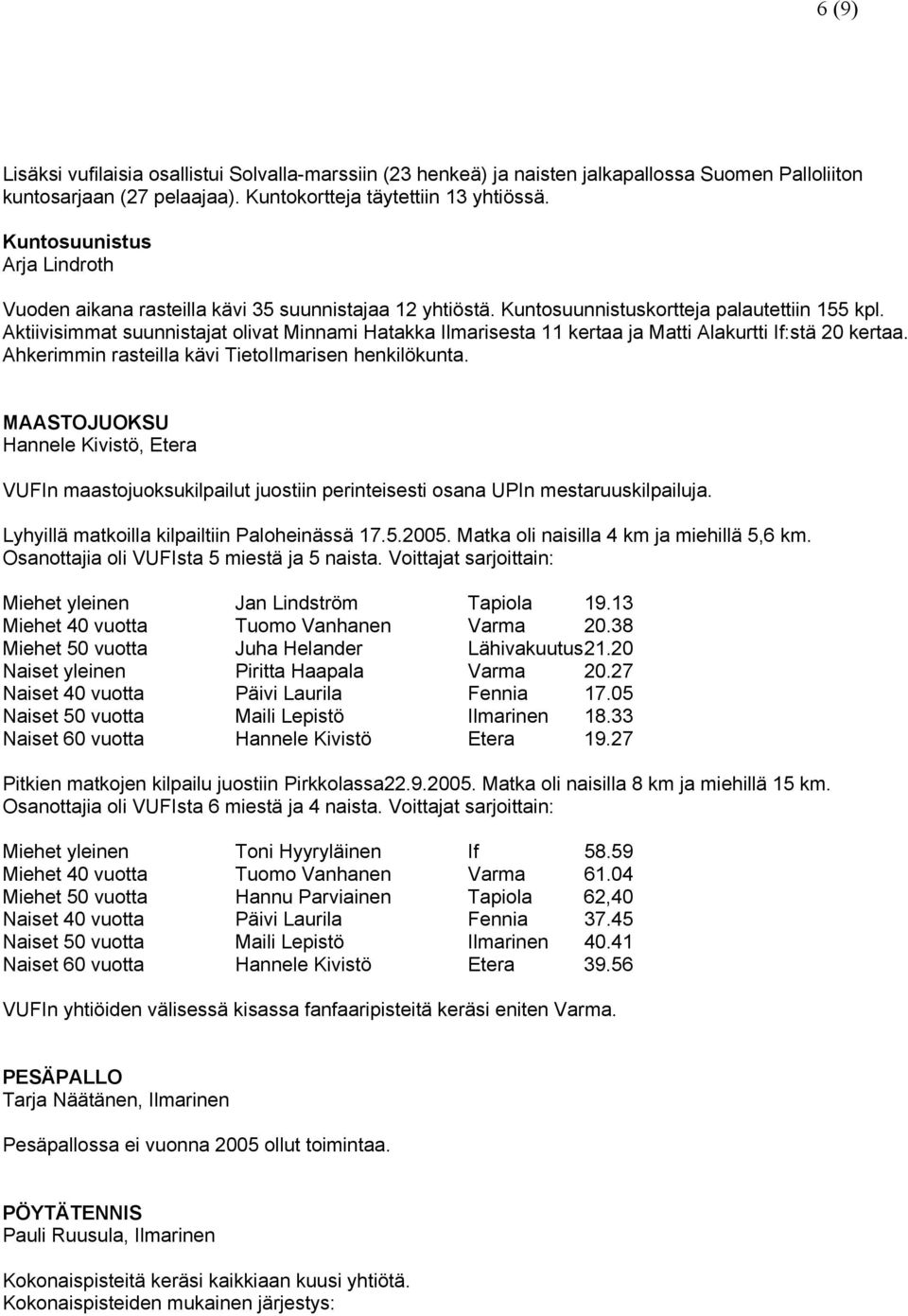 Aktiivisimmat suunnistajat olivat Minnami Hatakka Ilmarisesta 11 kertaa ja Matti Alakurtti If:stä 20 kertaa. Ahkerimmin rasteilla kävi TietoIlmarisen henkilökunta.