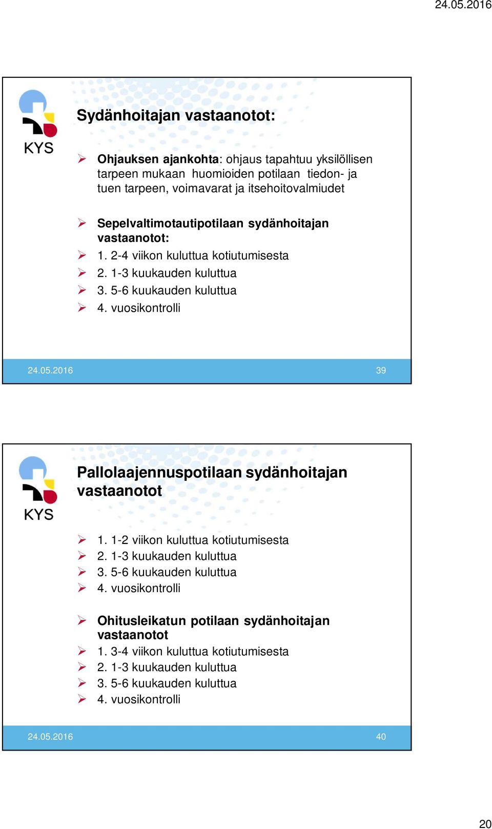 vuosikontrolli 24.05.2016 39 Pallolaajennuspotilaan sydänhoitajan vastaanotot 1. 1-2 viikon kuluttua kotiutumisesta 2. 1-3 kuukauden kuluttua 3.