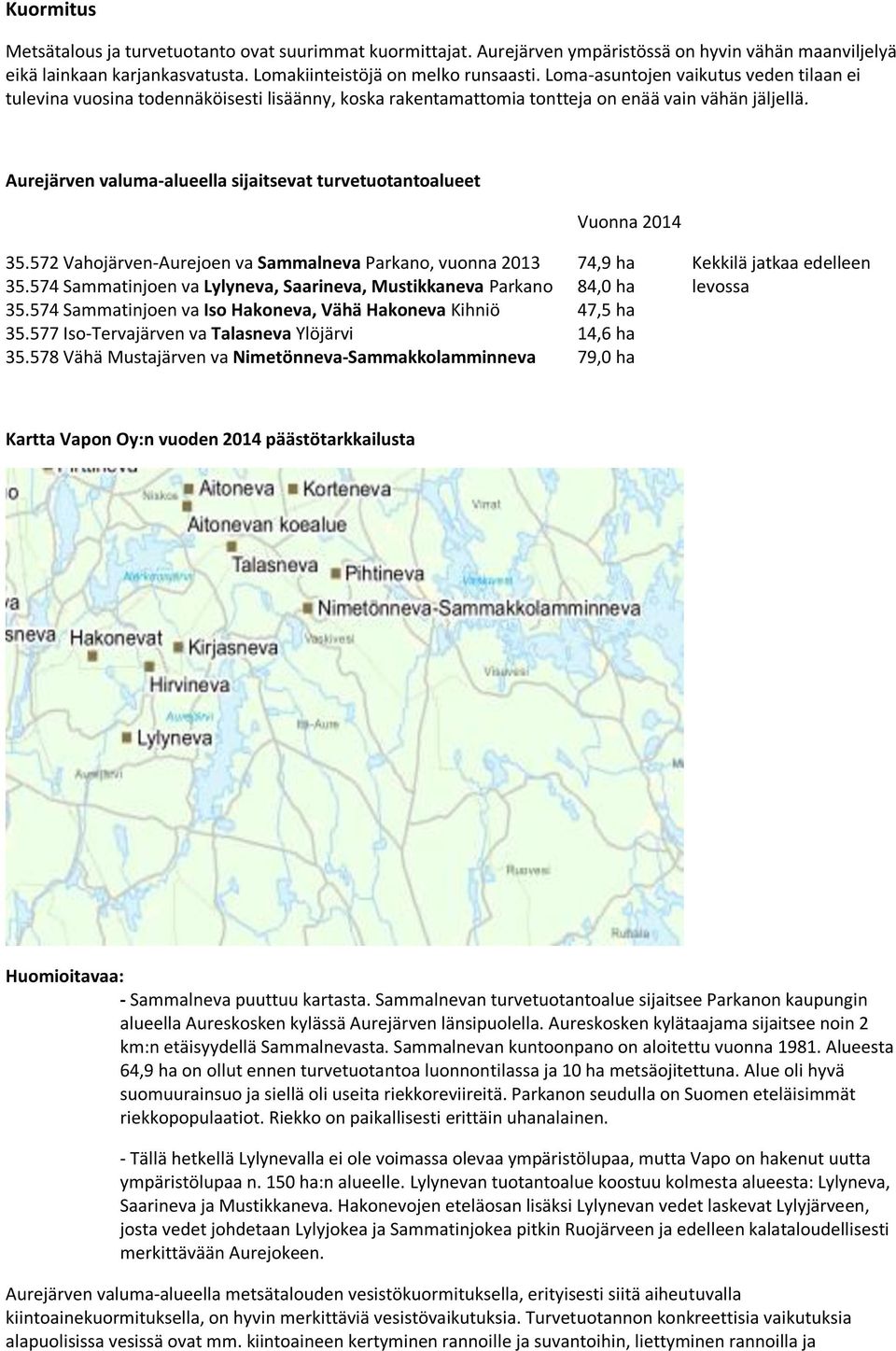 Aurejärven valuma-alueella sijaitsevat turvetuotantoalueet Vuonna 2014 35.572 Vahojärven-Aurejoen va Sammalneva Parkano, vuonna 2013 74,9 ha Kekkilä jatkaa edelleen 35.