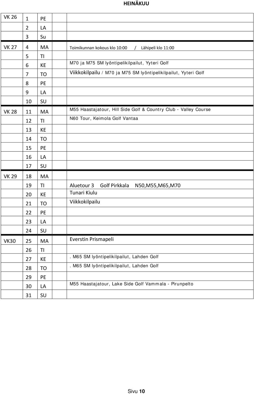 Pirkkala N50,M55,M65,M70 20 KE Tunari Kiulu 21 TO 22 PE 23 LA 24 SU VK30 25 MA Everstin Prismapeli 26 TI 27 KE. M65 SM lyöntipelikilpailut, Lahden Golf 28 TO.