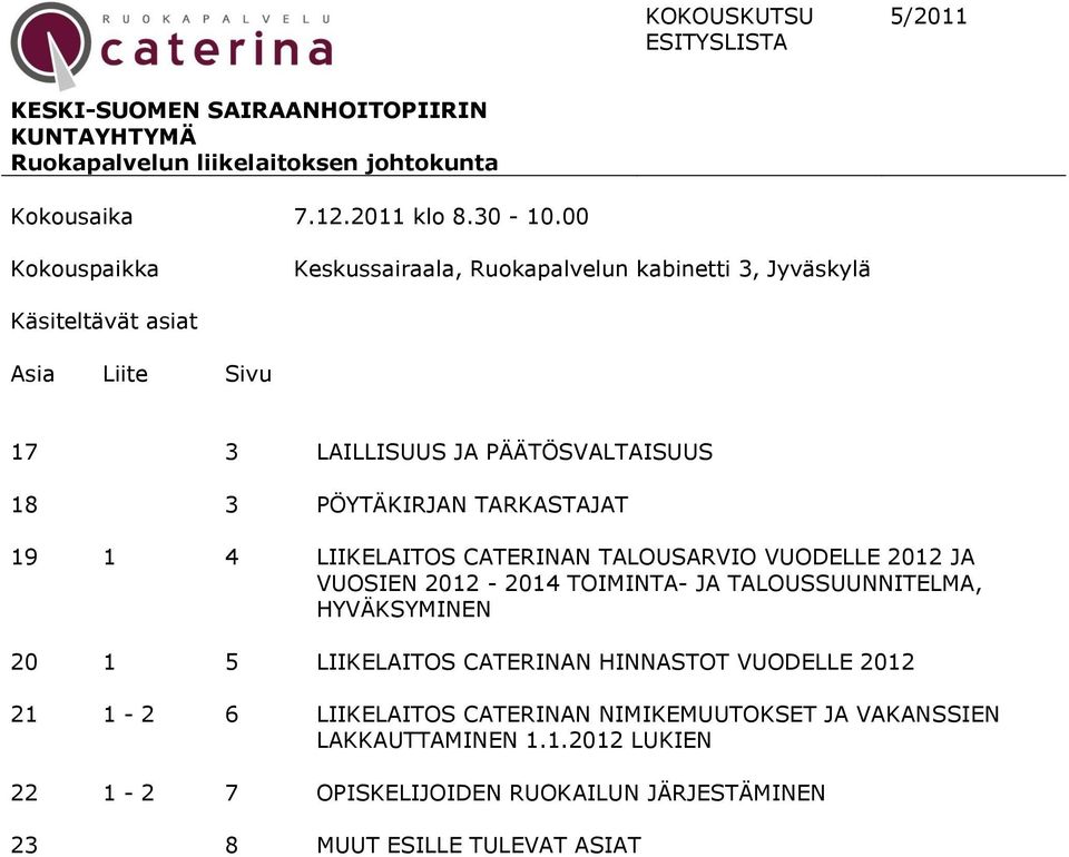 PÖYTÄKIRJAN TARKASTAJAT 19 1 4 LIIKELAITOS CATERINAN TALOUSARVIO VUODELLE 2012 JA VUOSIEN 2012-2014 TOIMINTA- JA TALOUSSUUNNITELMA, HYVÄKSYMINEN 20 1