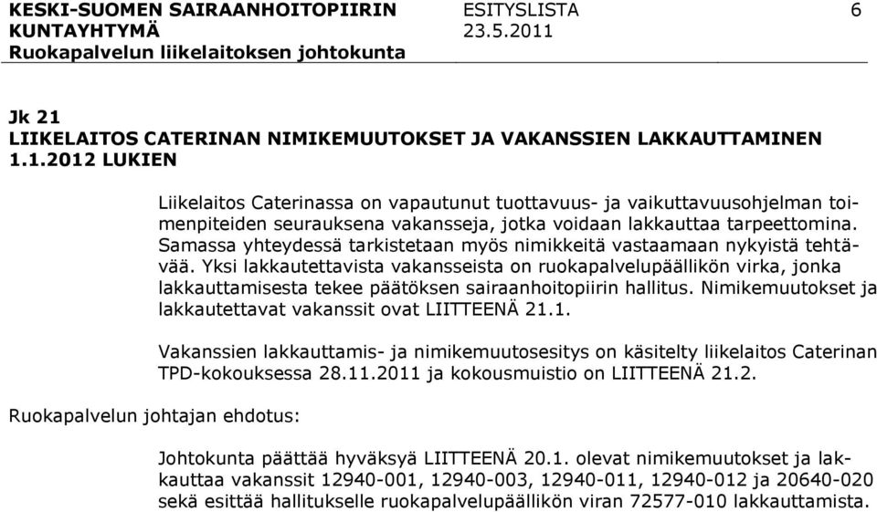 Yksi lakkautettavista vakansseista on ruokapalvelupäällikön virka, jonka lakkauttamisesta tekee päätöksen sairaanhoitopiirin hallitus. Nimikemuutokset ja lakkautettavat vakanssit ovat LIITTEENÄ 21.