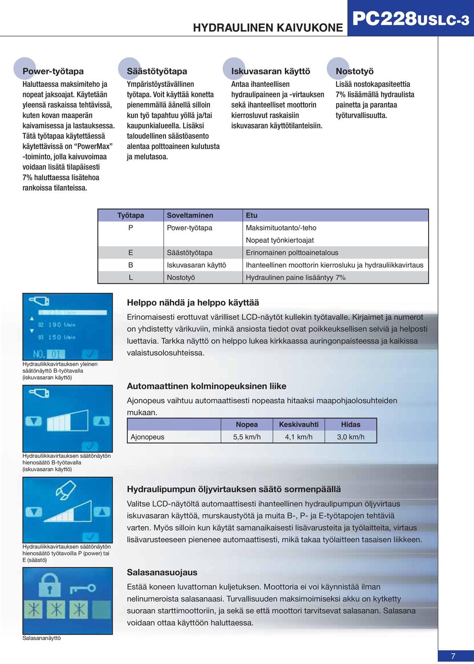 Tätä työtapaa käytettäessä käytettävissä on PowerMax -toiminto, jolla kaivuvoimaa voidaan lisätä tilapäisesti 7% haluttaessa lisätehoa rankoissa tilanteissa. Ympäristöystävällinen työtapa.