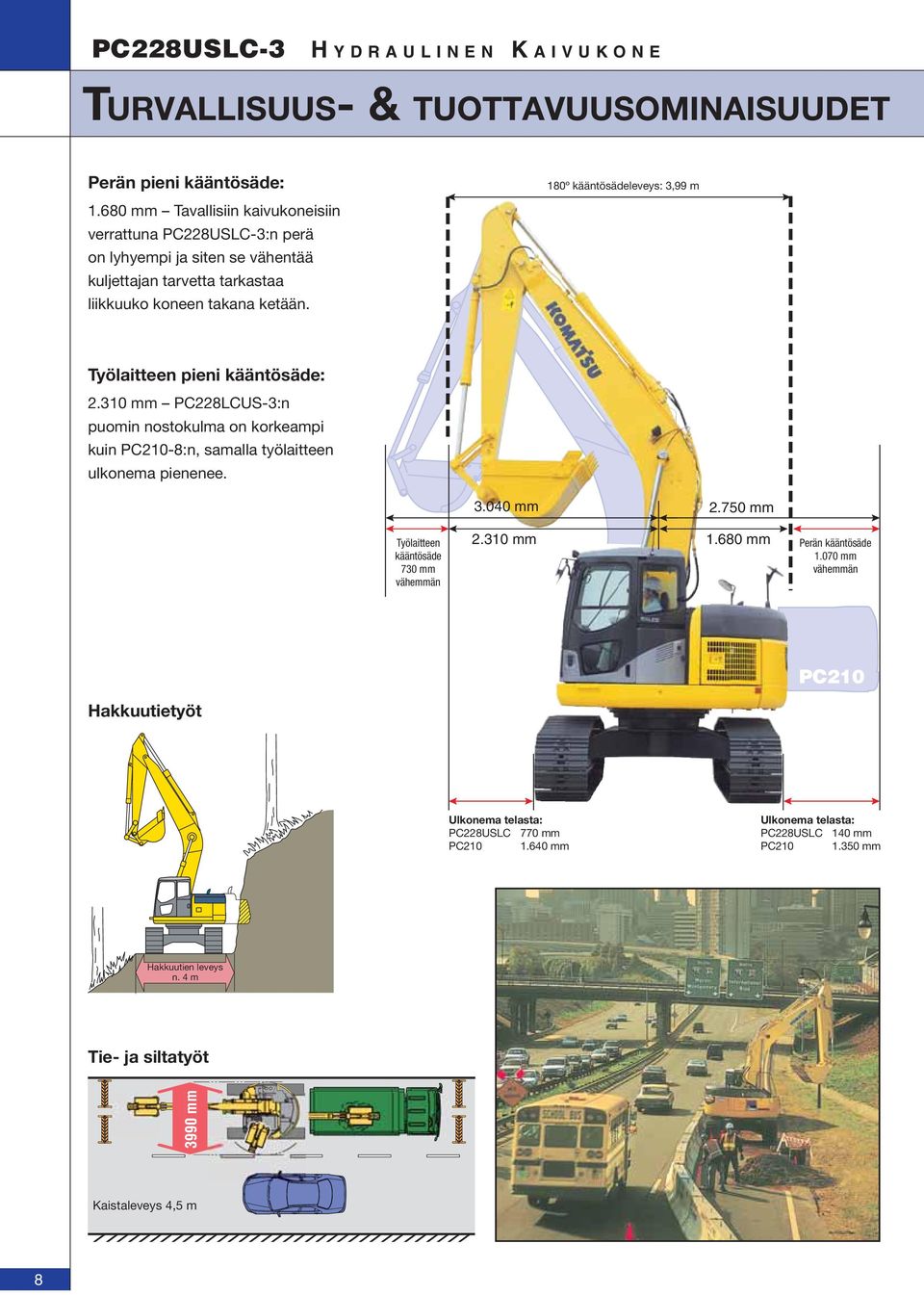 Työlaitteen pieni kääntösäde: 2.310 mm PC228LCUS-3:n puomin nostokulma on korkeampi kuin PC210-8:n, samalla työlaitteen ulkonema pienenee.