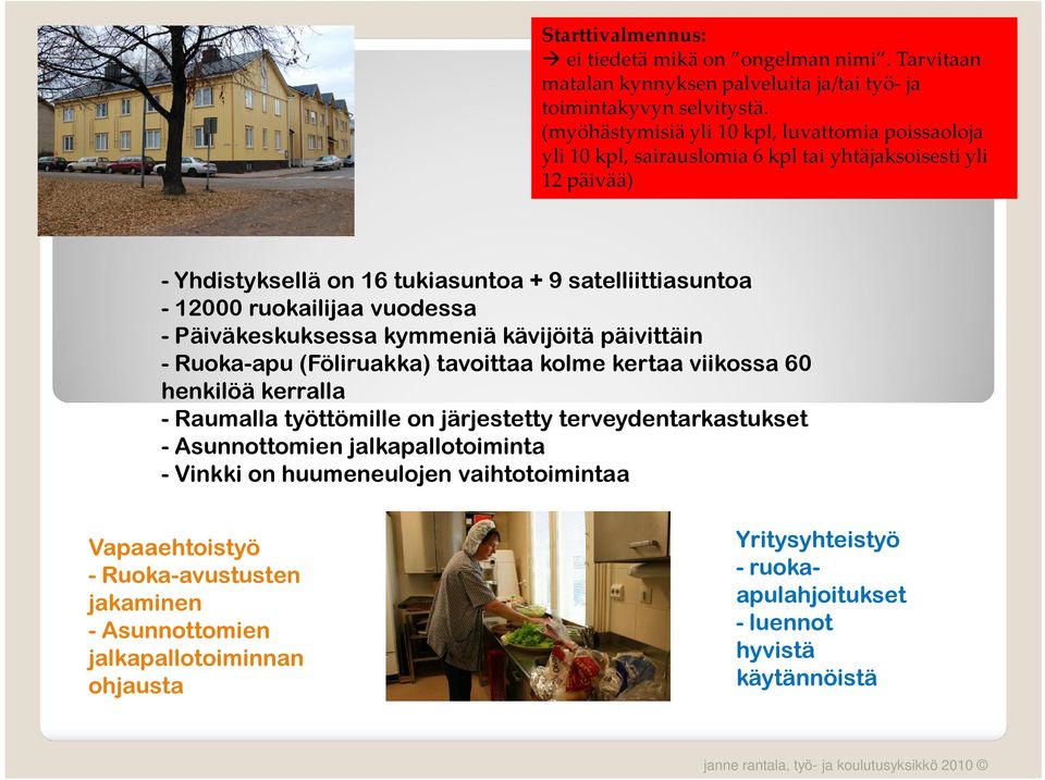 vuodessa - Päiväkeskuksessa kymmeniä kävijöitä päivittäin - Ruoka-apu (Föliruakka) tavoittaa kolme kertaa viikossa 60 henkilöä kerralla - Raumalla työttömille on järjestetty terveydentarkastukset -