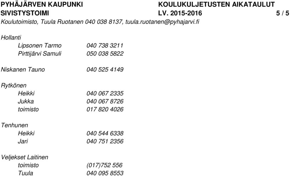 fi Hollanti Lipsonen Tarmo 040 738 3211 Pirttijärvi Samuli 050 038 5822 Niskanen Tauno 040 525