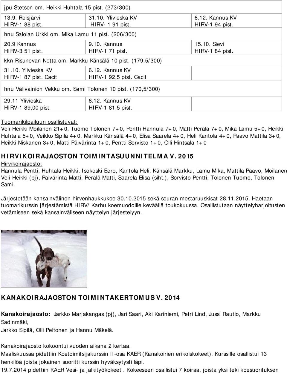 hnu Välivainion Vekku om. Sami Tolonen 10 pist. (170,5/300) 29.11 Ylivieska HIRV-1 89,00 pist. 6.12. Kannus KV HIRV-1 81,5 pist.