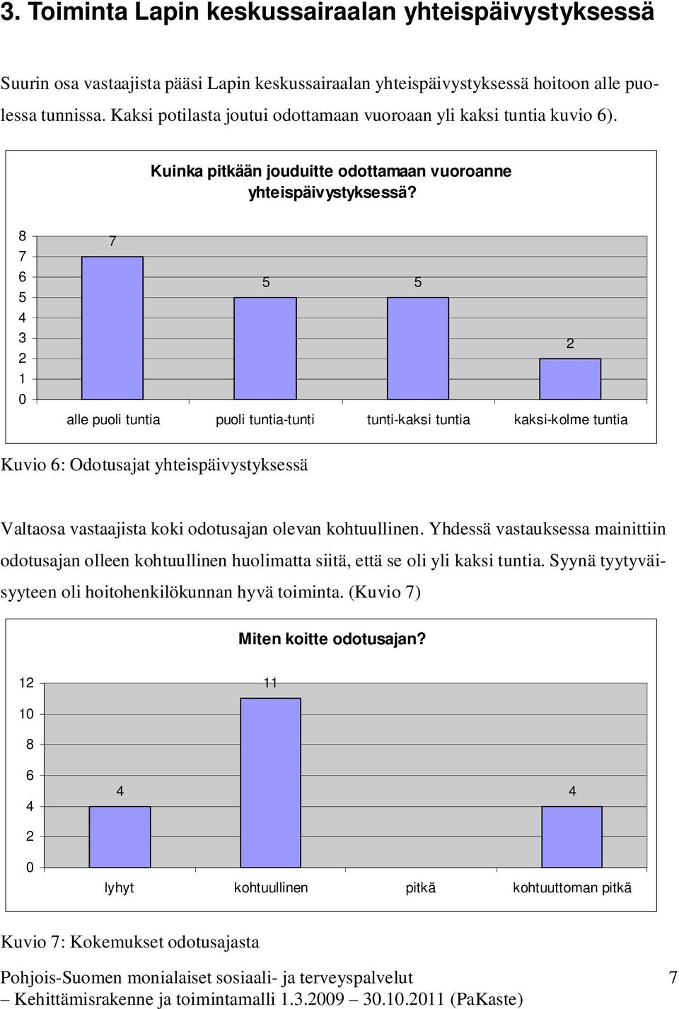 8 7 6 5 4 3 2 1 0 7 5 5 2 alle puoli tuntia puoli tuntia-tunti tunti-kaksi tuntia kaksi-kolme tuntia Kuvio 6: Odotusajat yhteispäivystyksessä Valtaosa vastaajista koki odotusajan olevan kohtuullinen.