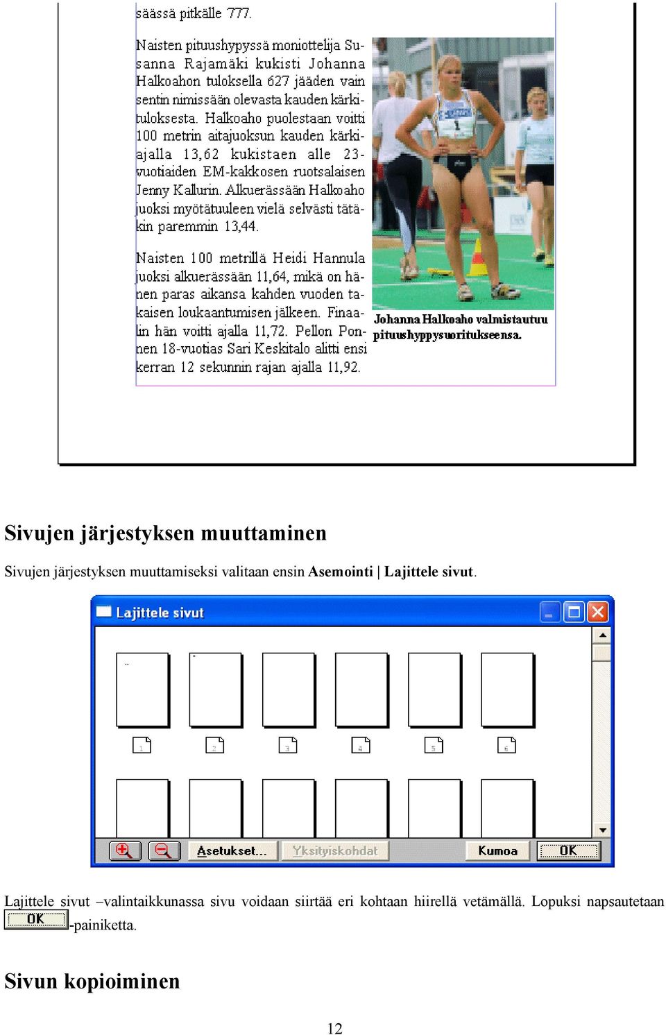 Lajittele sivut valintaikkunassa sivu voidaan siirtää eri