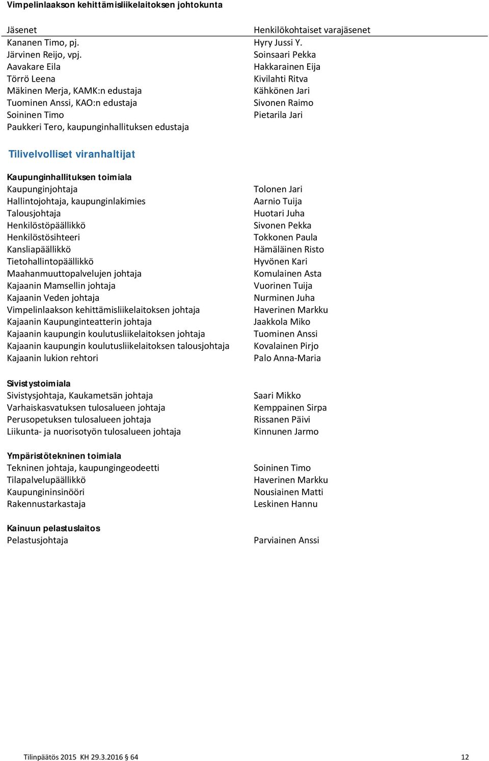 Paukkeri Tero, kaupunginhallituksen edustaja Tilivelvolliset viranhaltijat Kaupunginhallituksen toimiala Kaupunginjohtaja Hallintojohtaja, kaupunginlakimies Talousjohtaja Henkilöstöpäällikkö