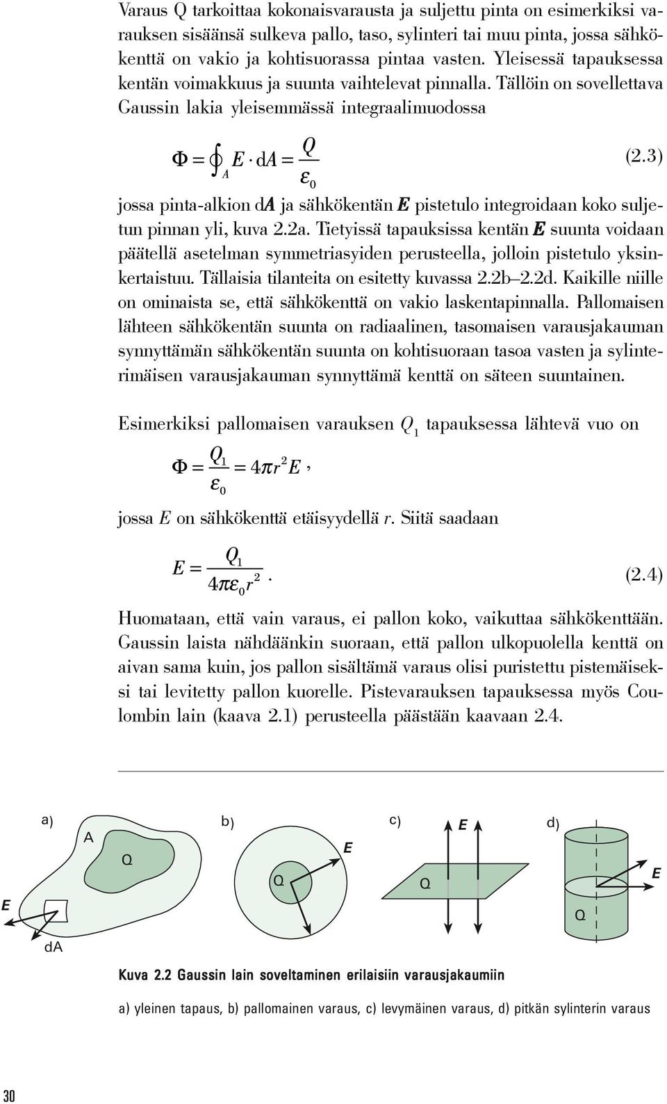 3) jossa pinta-alkion da ja sähkökentän E pistetulo integroidaan koko suljetun pinnan yli, kuva 2.2a.