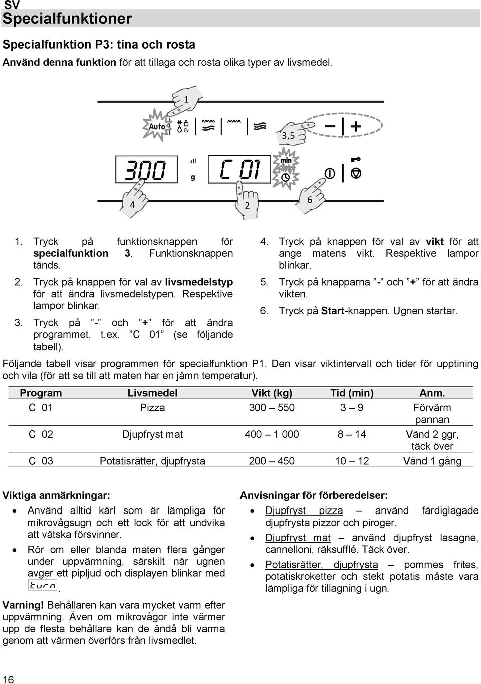 ex. C 01 (se följande tabell). 4. Tryck på knappen för val av vikt för att ange matens vikt. Respektive lampor blinkar. 5. Tryck på knapparna - och + för att ändra vikten. 6. Tryck på Start-knappen.