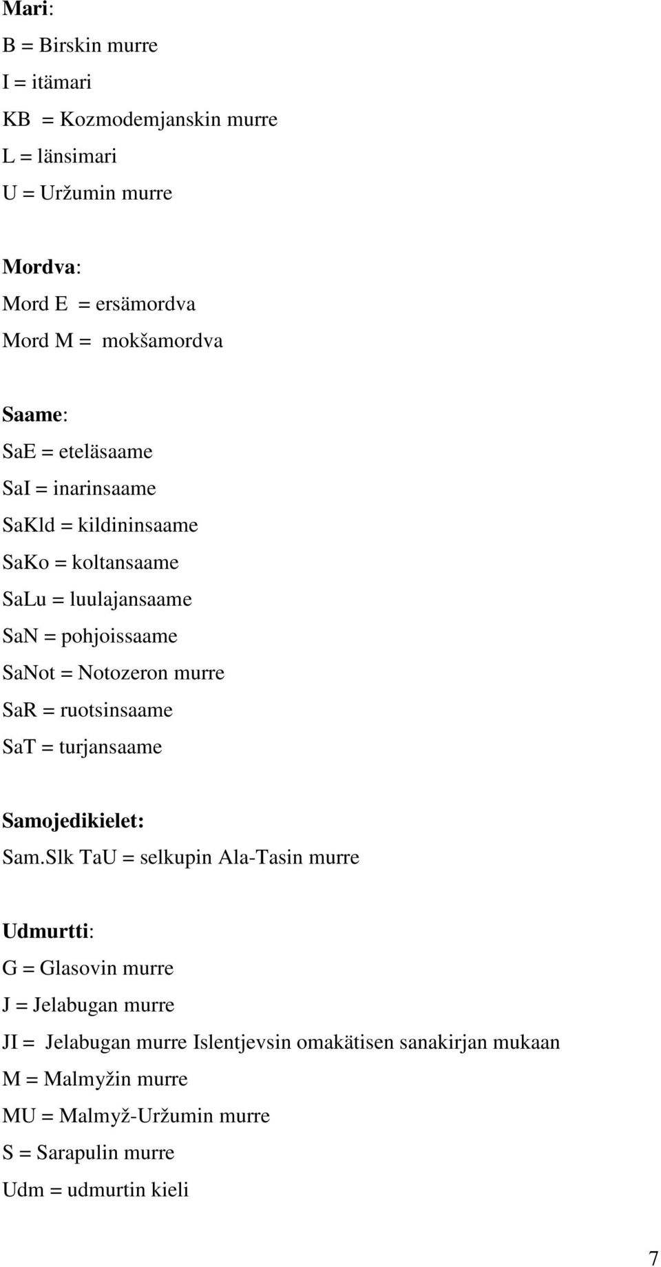 murre SaR = ruotsinsaame SaT = turjansaame Samojedikielet: Sam.