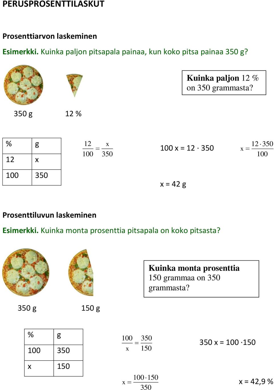 350 g 12 % % g 12 x 100 350 12 x 100 350 100 x = 12 350 x = 42 g 12 350 x 100 Prosenttiluvun laskeminen Esimerkki.