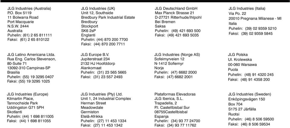 Faksi: (44) 870 200 7711 JLG Deutschland GmbH Max Planck Strasse 21 D-27721 Ritterhude/lhlpohl Bei Bremen Saksa Puhelin: (49) 421 693 500 Faksi: (49) 421 693 5035 JLG Industries (Italia) Via Po.