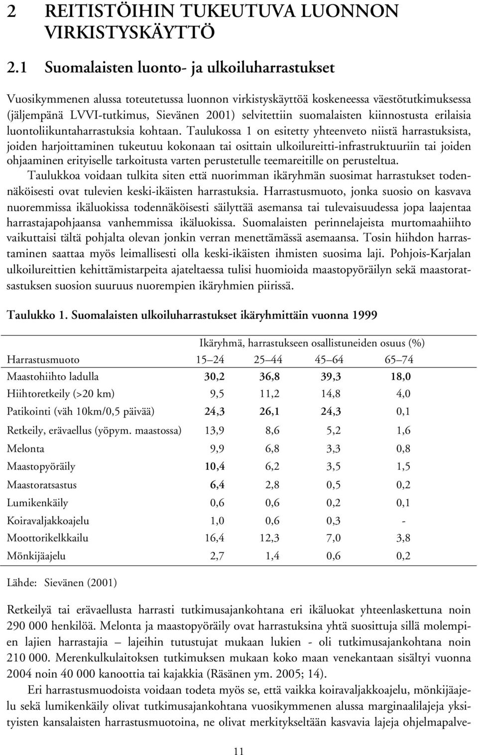 suomalaisten kiinnostusta erilaisia luontoliikuntaharrastuksia kohtaan.