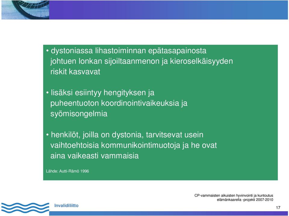 koordinointivaikeuksia ja syömisongelmia henkilöt, joilla on dystonia, tarvitsevat