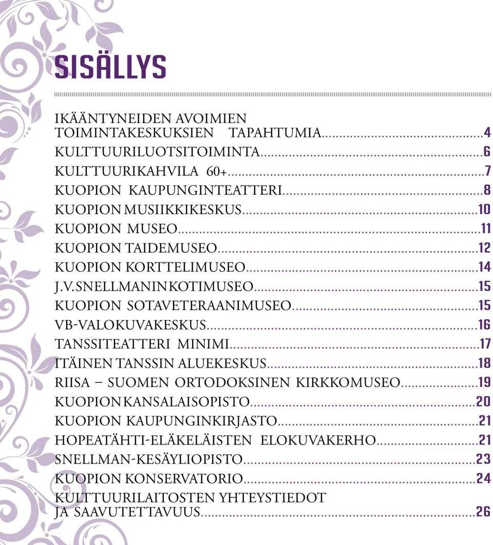 ..15 VB-VALOKUVAKESKUS...16 TANSSITEATTERI MINIMI...17 ITÄINEN TANSSIN ALUEKESKUS...18 RIISA SUOMEN ORTODOKSINEN KIRKKOMUSEO...19 KUOPION KANSALAISOPISTO.