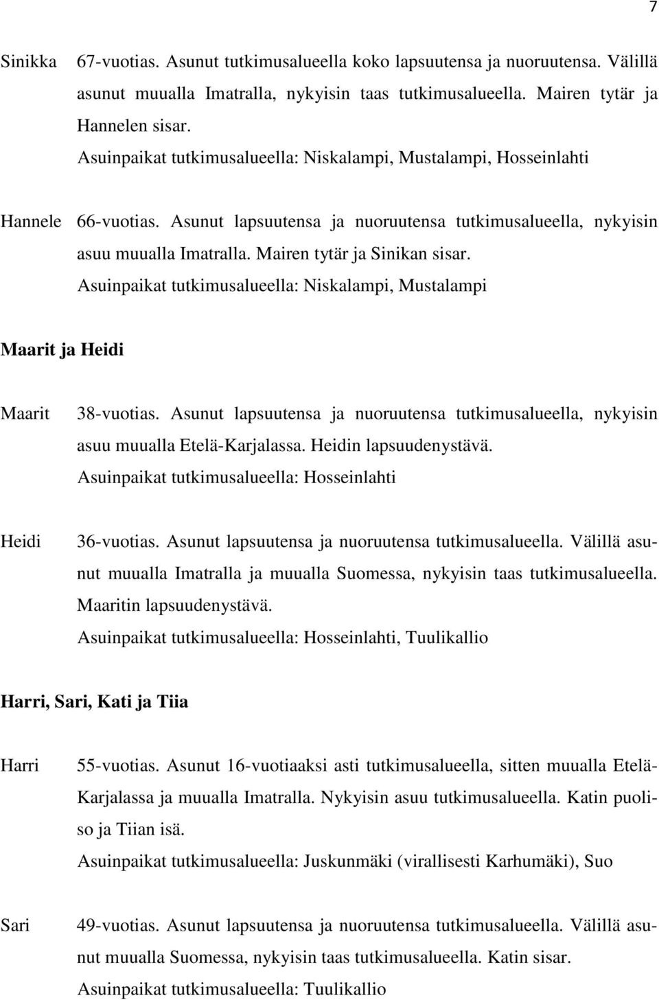 Mairen tytär ja Sinikan sisar. Asuinpaikat tutkimusalueella: Niskalampi, Mustalampi Maarit ja Heidi Maarit 38-vuotias.